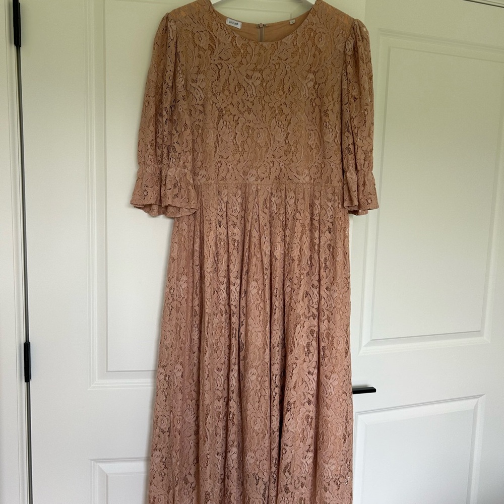 Nude Puff Sleeve Sundress for Wedding Guest